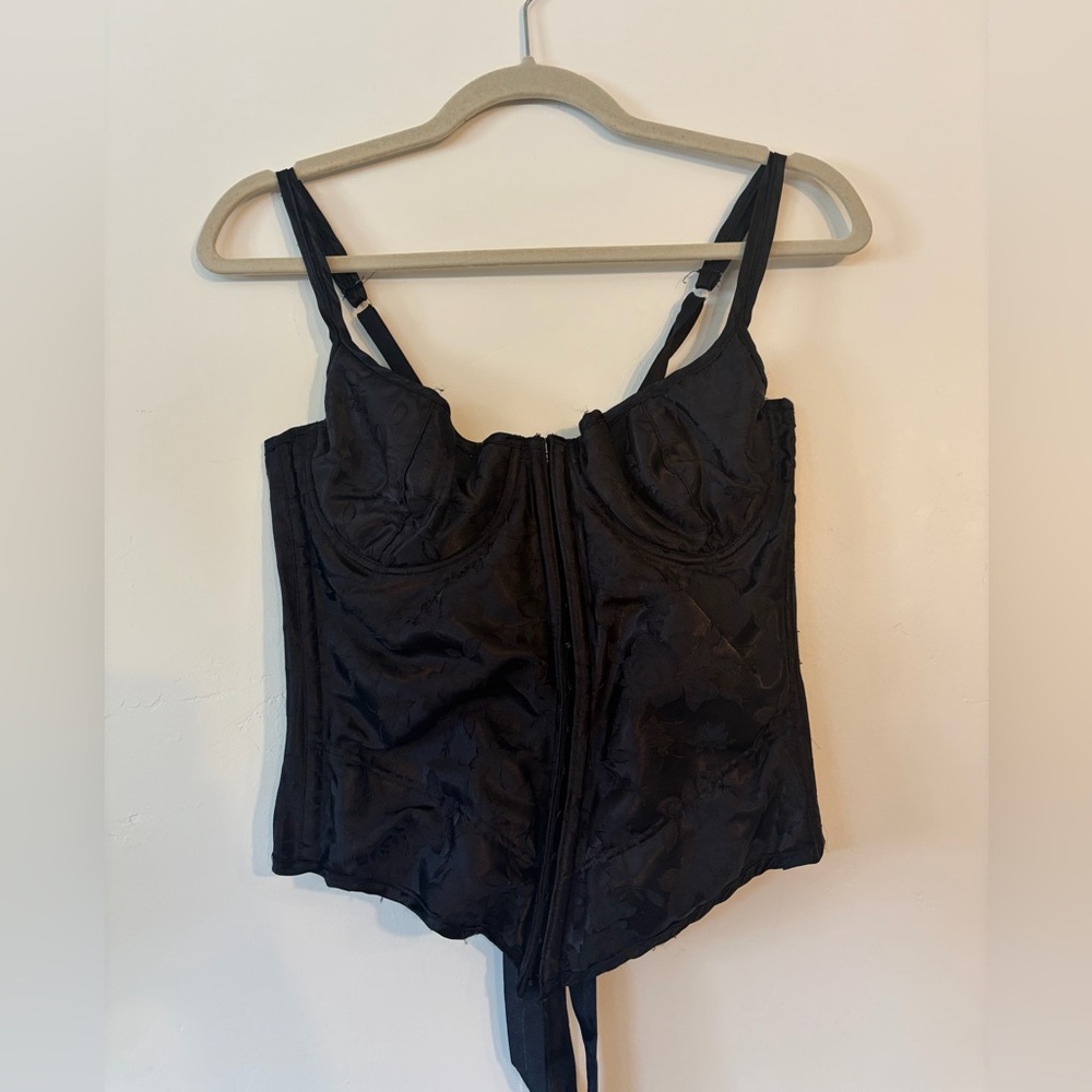 Elegant Moments of Black Satin Floral Corset Top with clasps and lace up back
